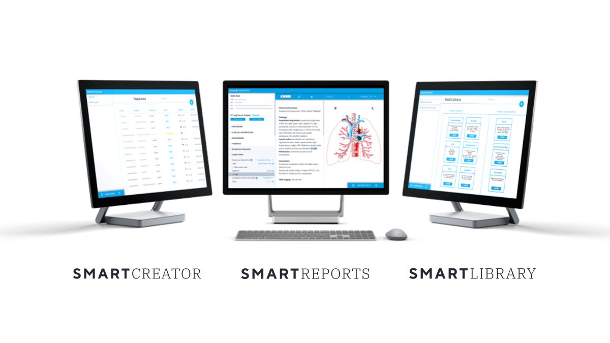 three screens with the userinterfaces of the the Smart Reporting products